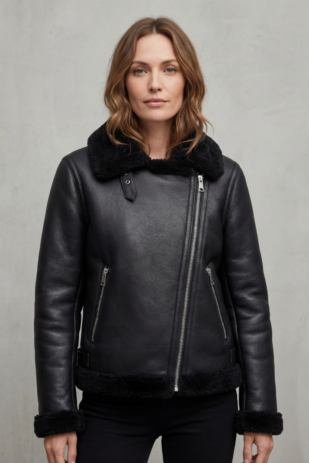Noirellé | Women's Asymmetric Zip Shearling Biker Jacket