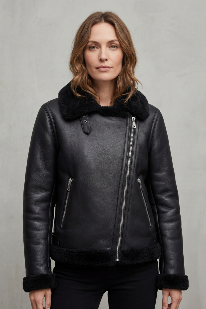 Noirellé | Women's Asymmetric Zip Shearling Biker Jacket