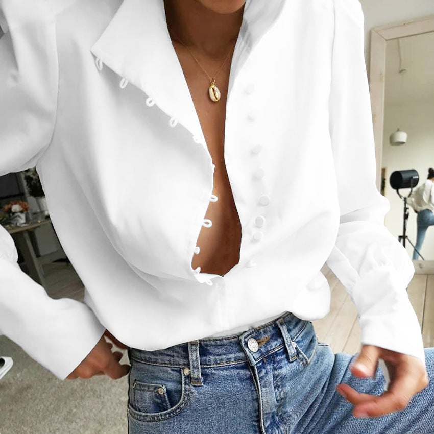 Charm – Elegant Button Front Long Sleeve Blouse