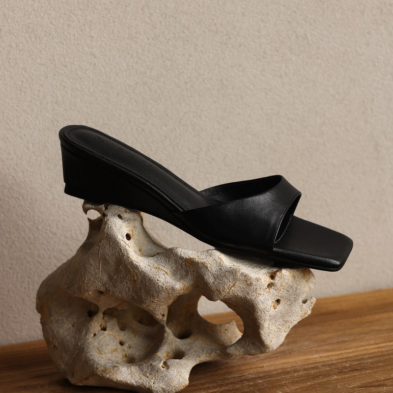 Mara | Women's Square-Toe Leather Wedge Mules