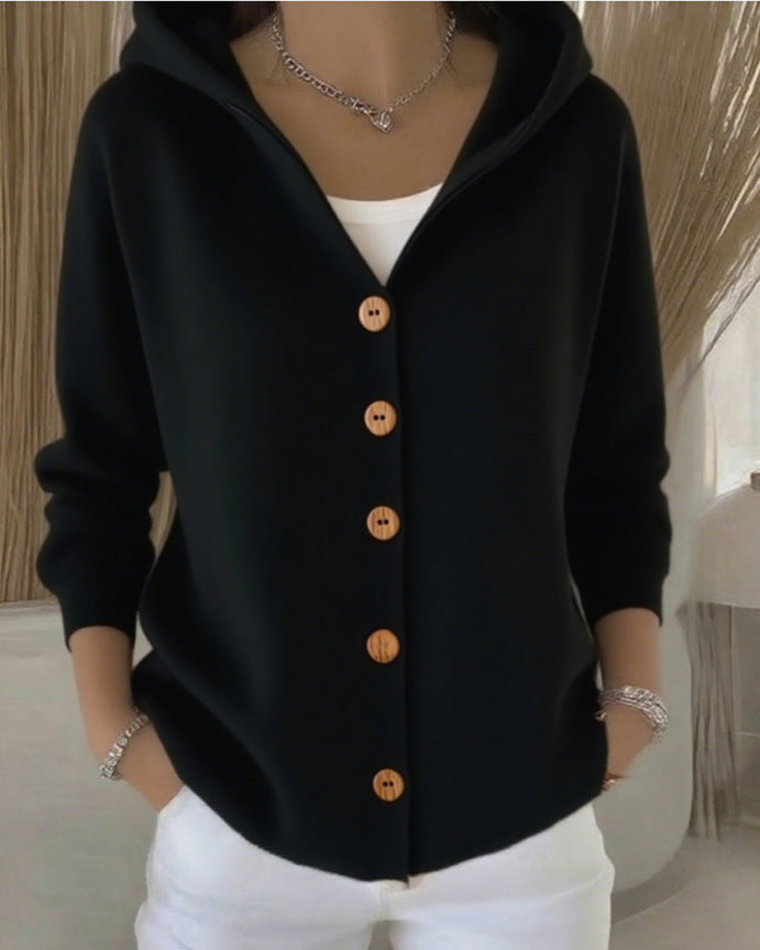 Hooded Button-Up Knit Cardigan