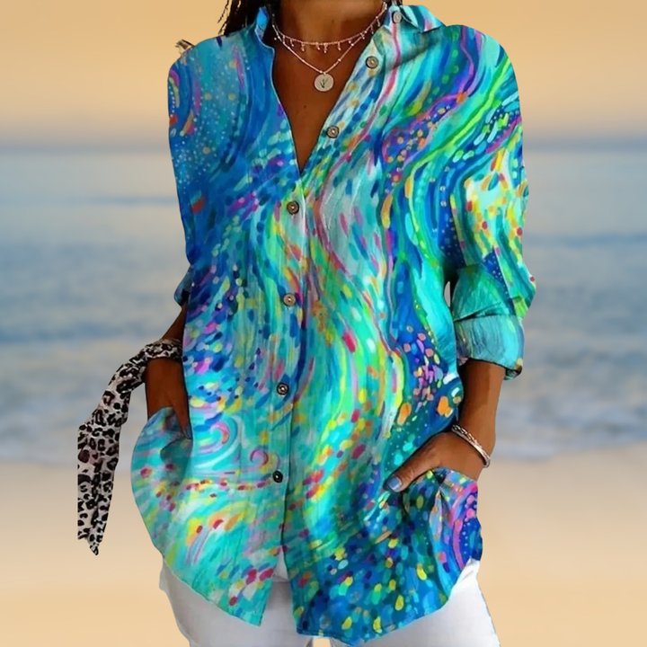 Aya – Abstract Watercolor Blouse with Button Front