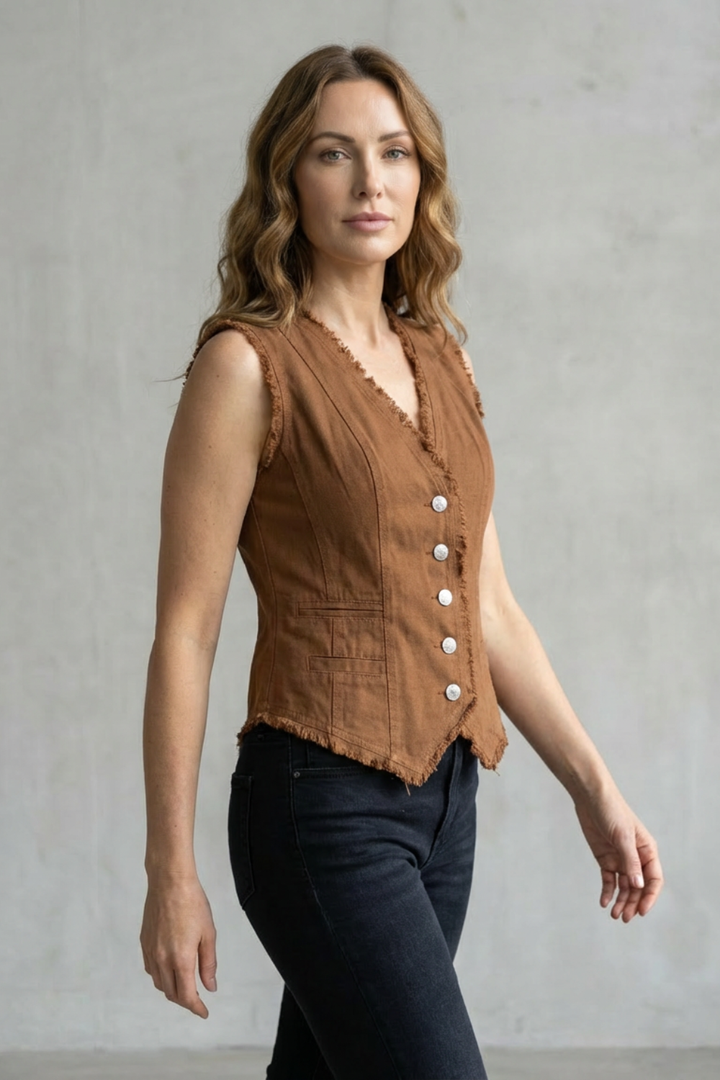 Ravelle | Women's Distressed Button Denim Vest Western-Inspired Statement Piece