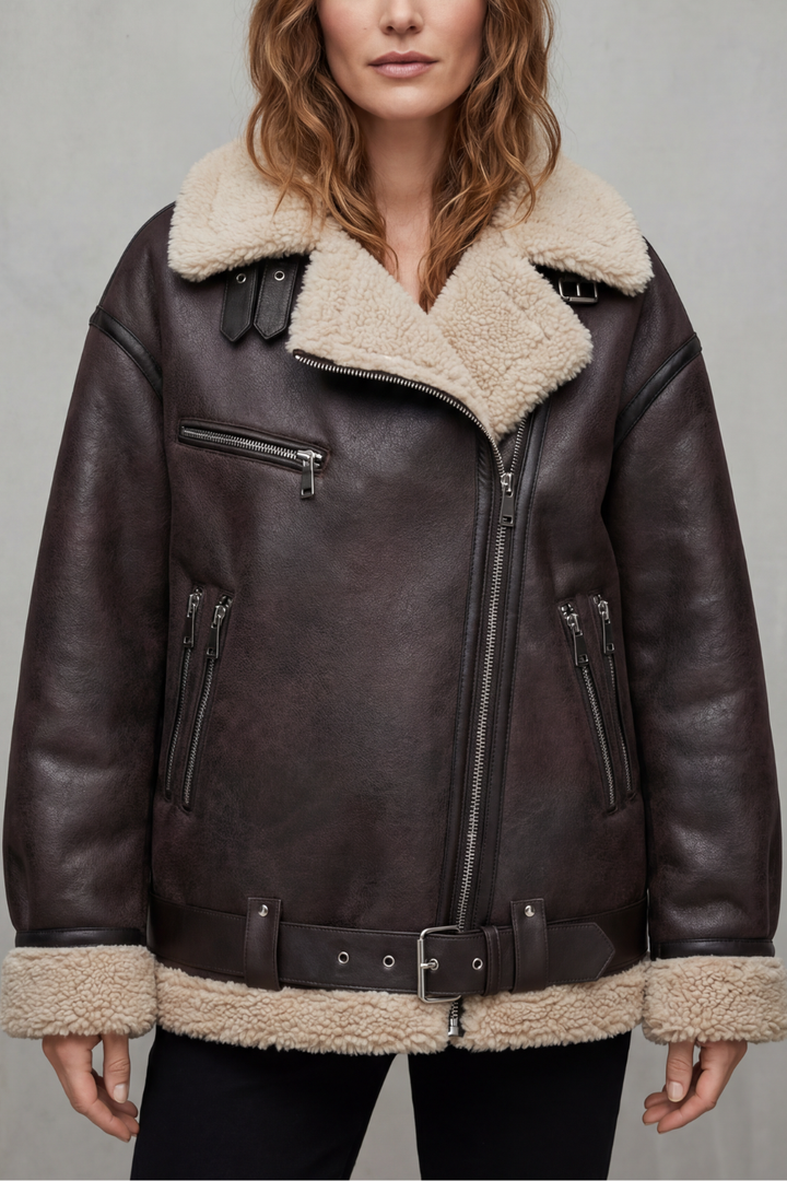 Rouxvelle | Women's Belted Shearling Trim Aviator Coat