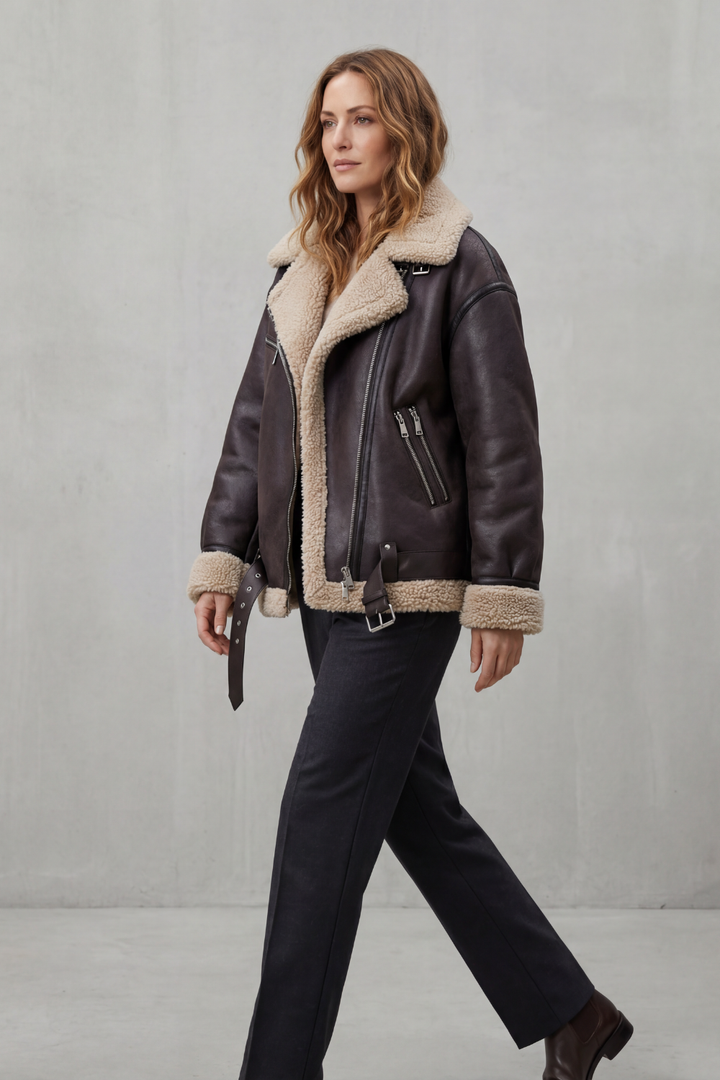 Rouxvelle | Women's Belted Shearling Trim Aviator Coat