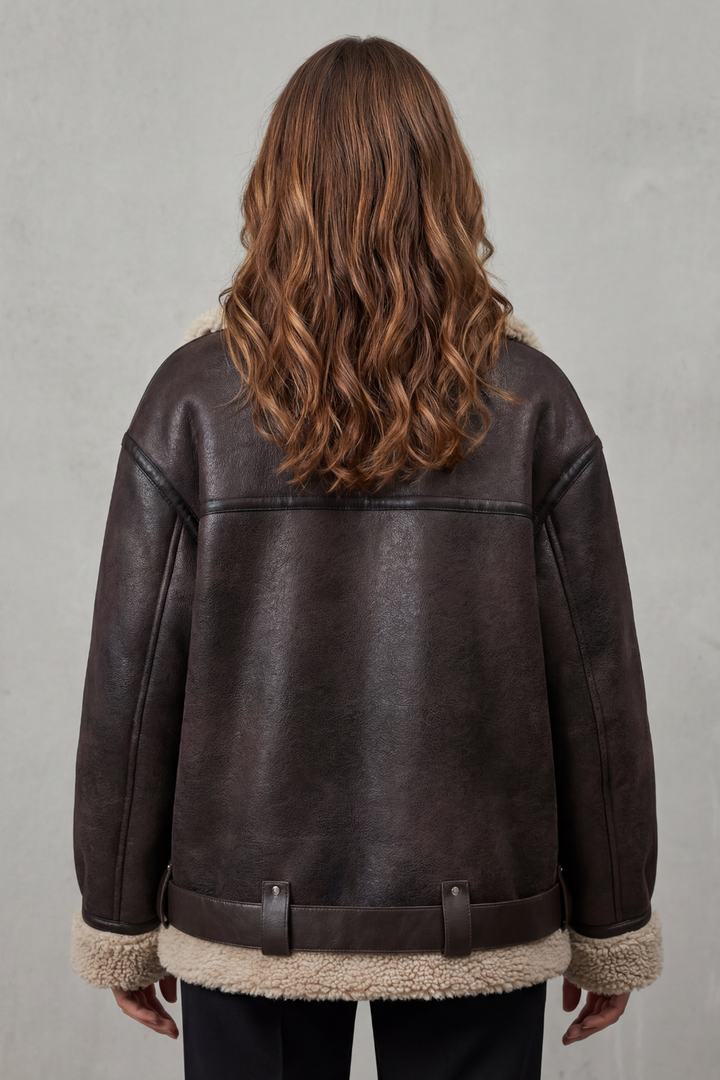 Rouxvelle | Women's Belted Shearling Trim Aviator Coat