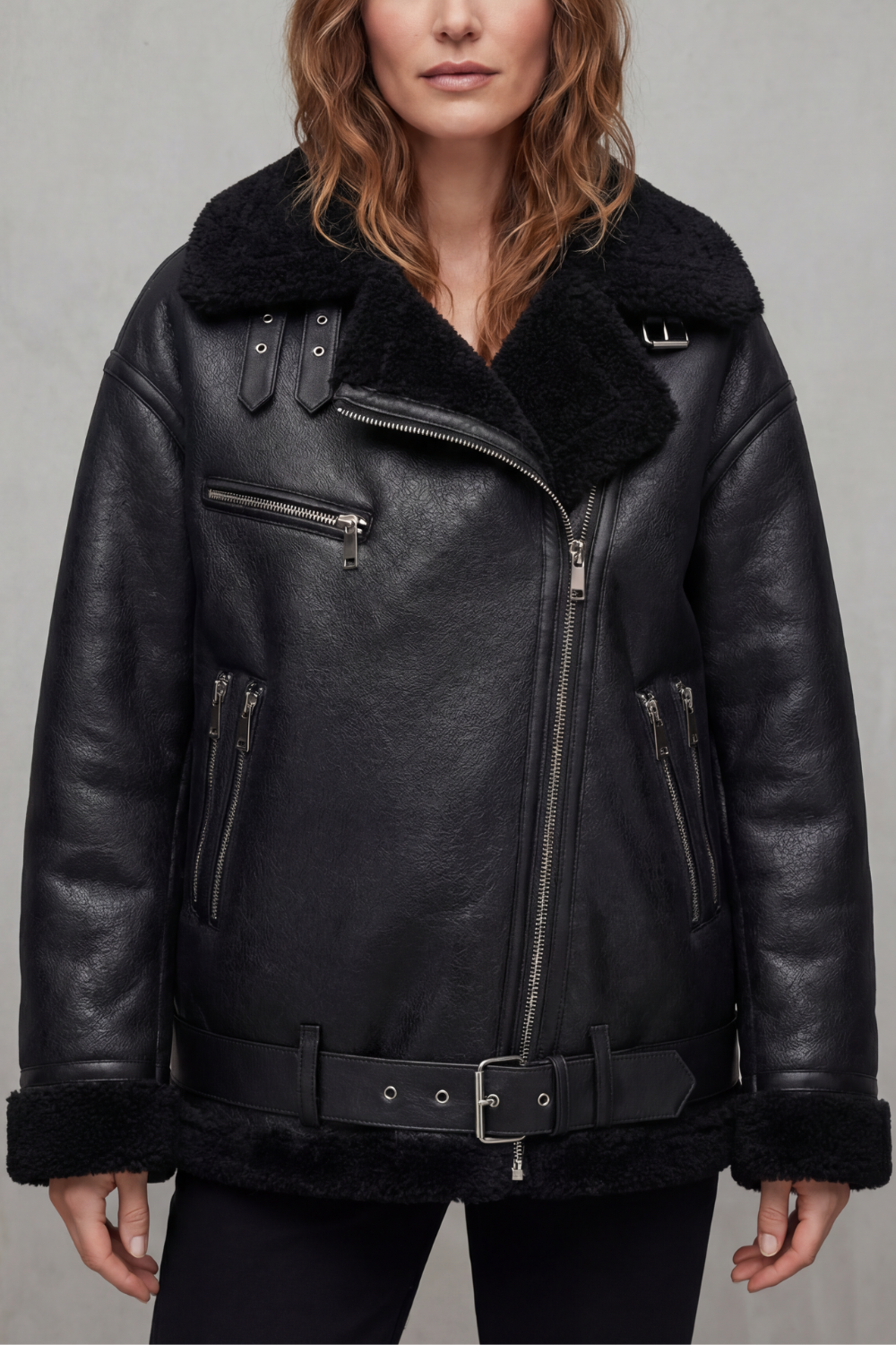 Rouxvelle | Women's Belted Shearling Trim Aviator Coat
