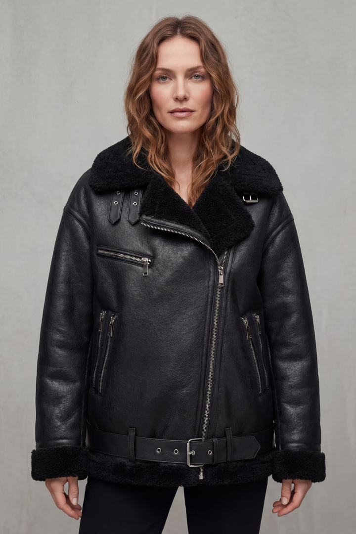Rouxvelle | Women's Belted Shearling Trim Aviator Coat