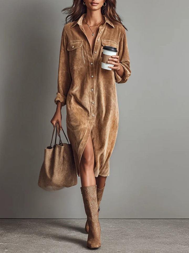 Margarette – Soft Corduroy Midi Dress with Button Closure