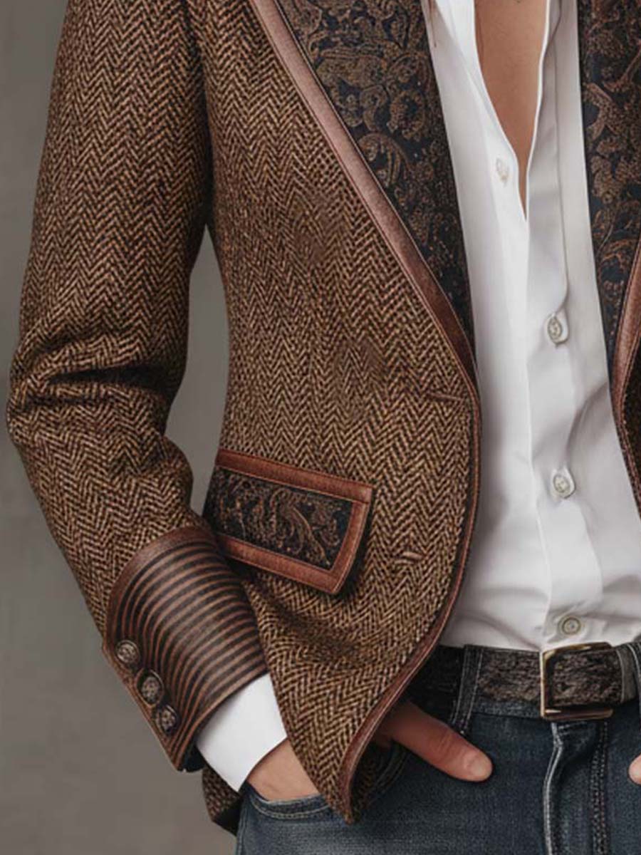 Savile Herringbone Leather-Trim Tweed Blazer