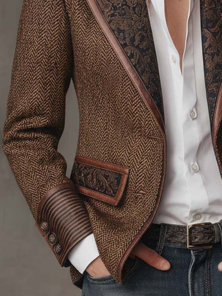 Savile Herringbone Leather-Trim Tweed Blazer