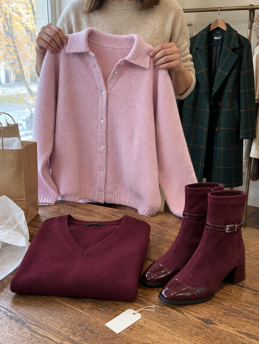 Checking the pink knit cardigan in the Caroline & Avery boutique in autumn