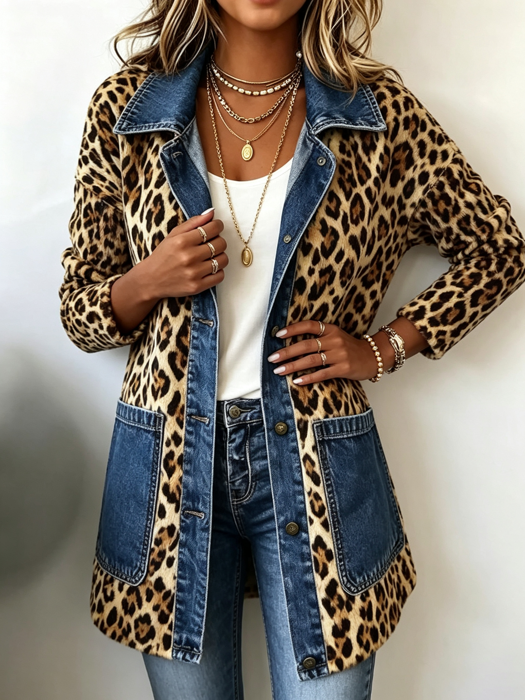 Fablenne | Women's Leopard Print Denim Panel Contrast Longline Jacket