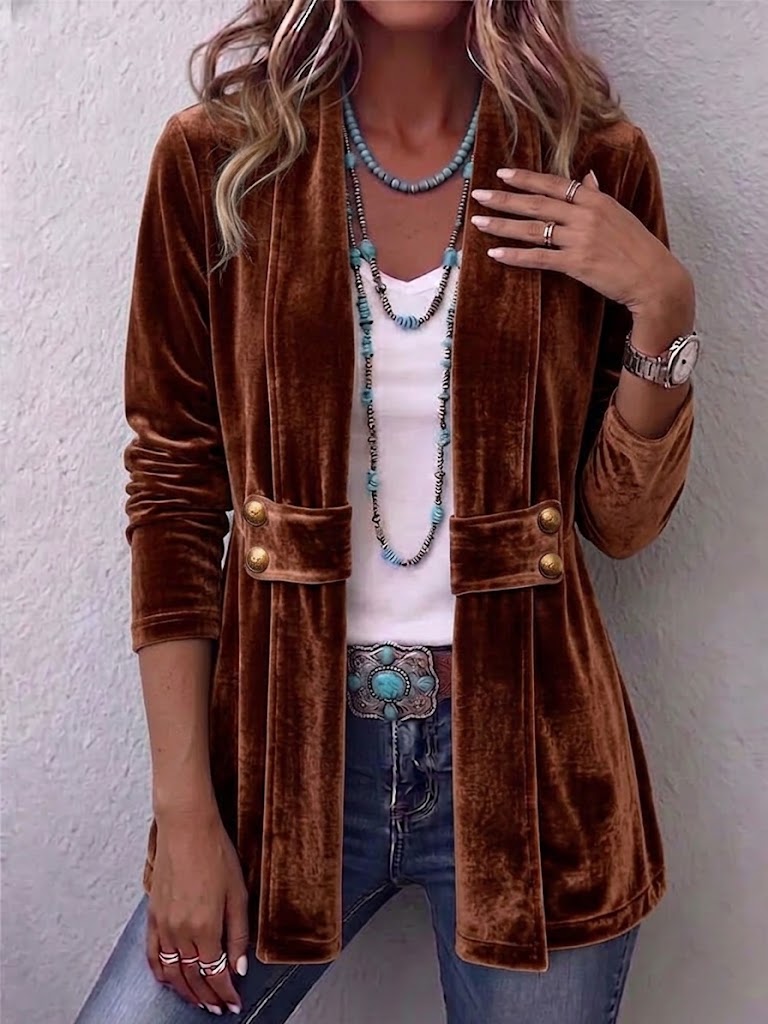 Holliwell | Women's Vintage Lapel Button-Accent Long Sleeve Open Front Jacket