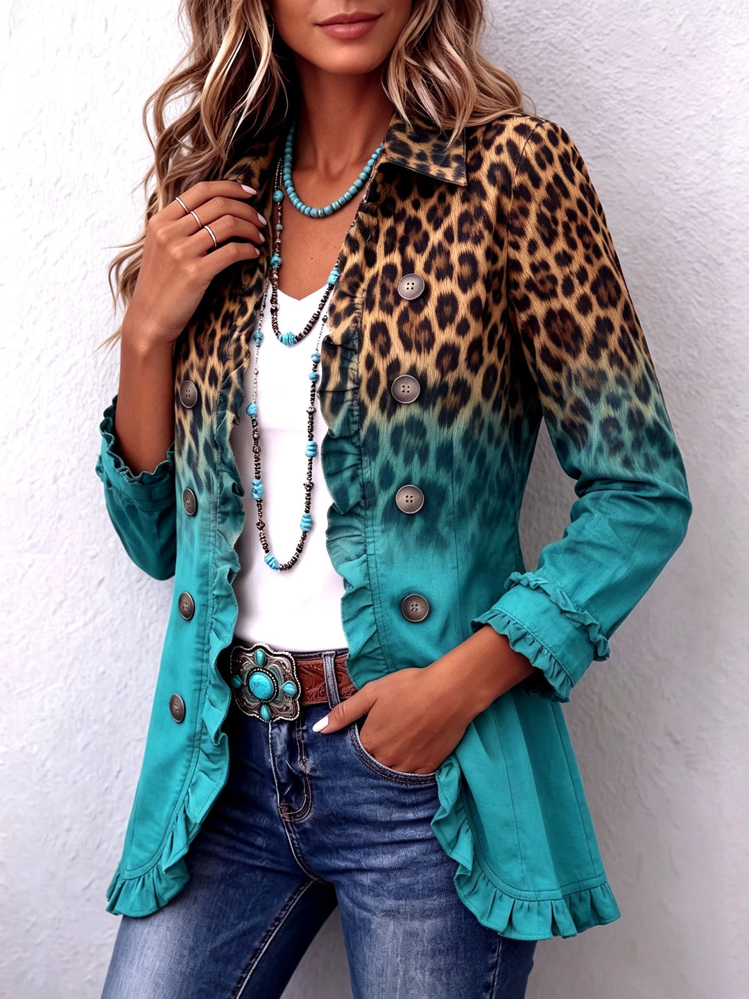 Elspeth | Women's Leopard Ombre Ruffle Blazer Jacket