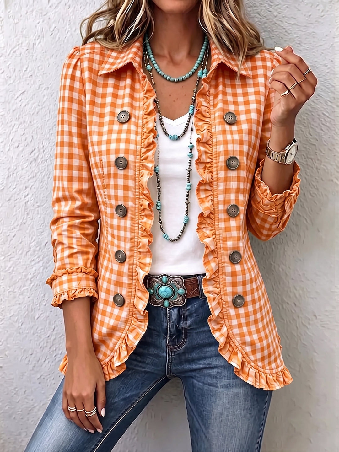 Charlene | Women's Gingham Ruffled Button-Down Jacket