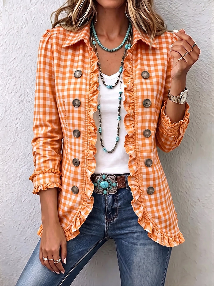 Charlene | Women's Gingham Ruffled Button-Down Jacket