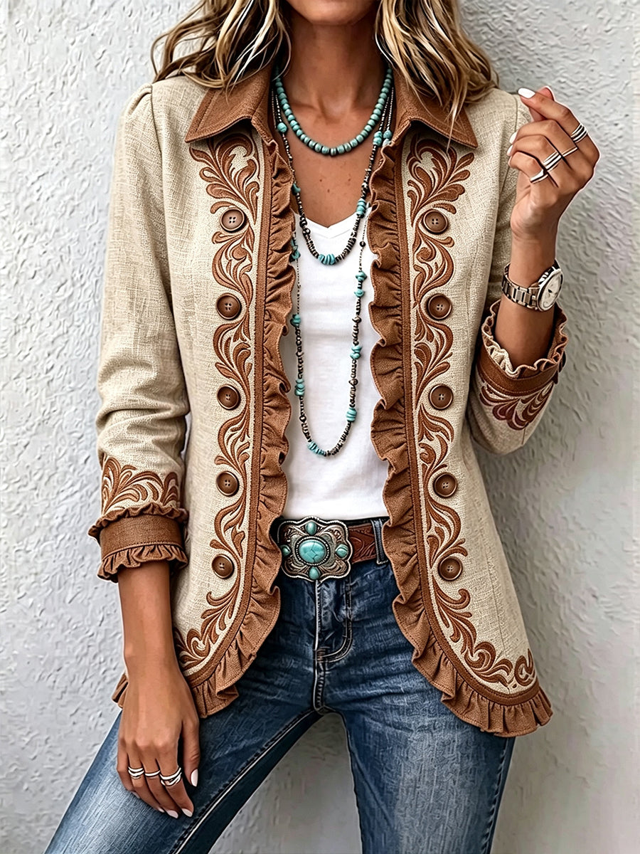 Dawncroft | Women's Vintage Bohemian Floral Ruffled Jacket