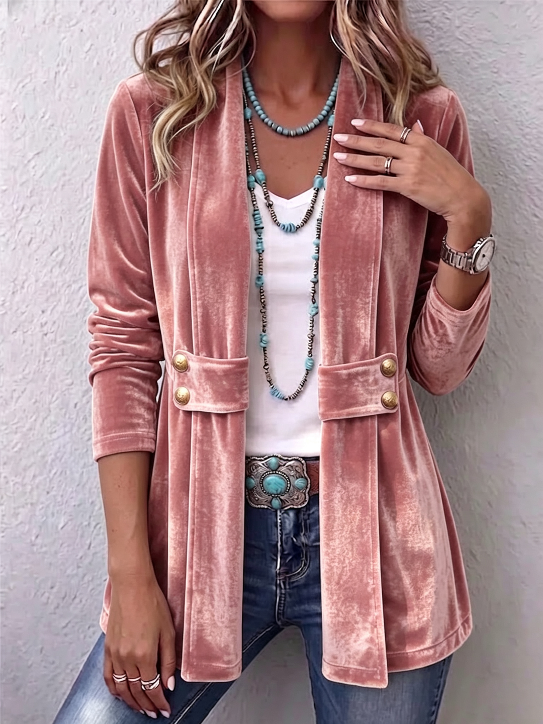 Holliwell | Women's Vintage Lapel Button-Accent Long Sleeve Open Front Jacket