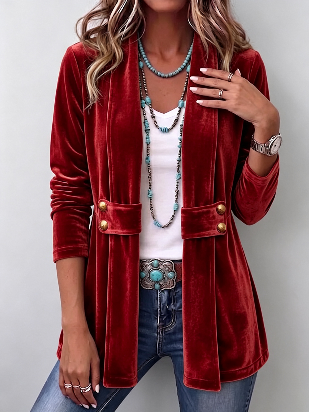 Holliwell | Women's Vintage Lapel Button-Accent Long Sleeve Open Front Jacket