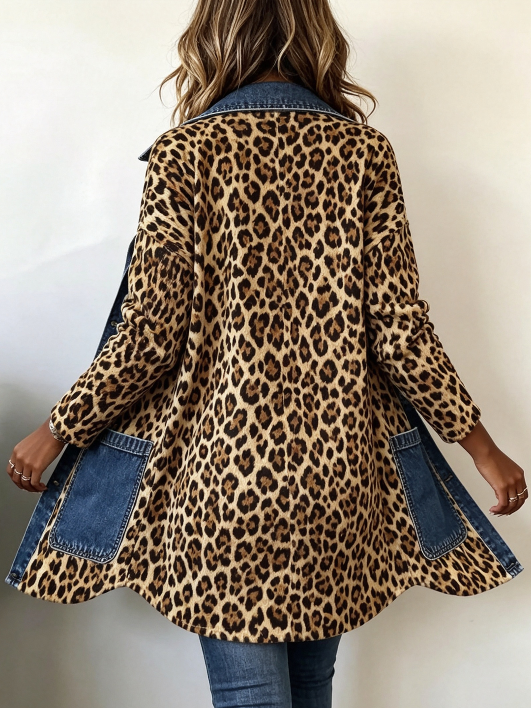 Fablenne | Women's Leopard Print Denim Panel Contrast Longline Jacket