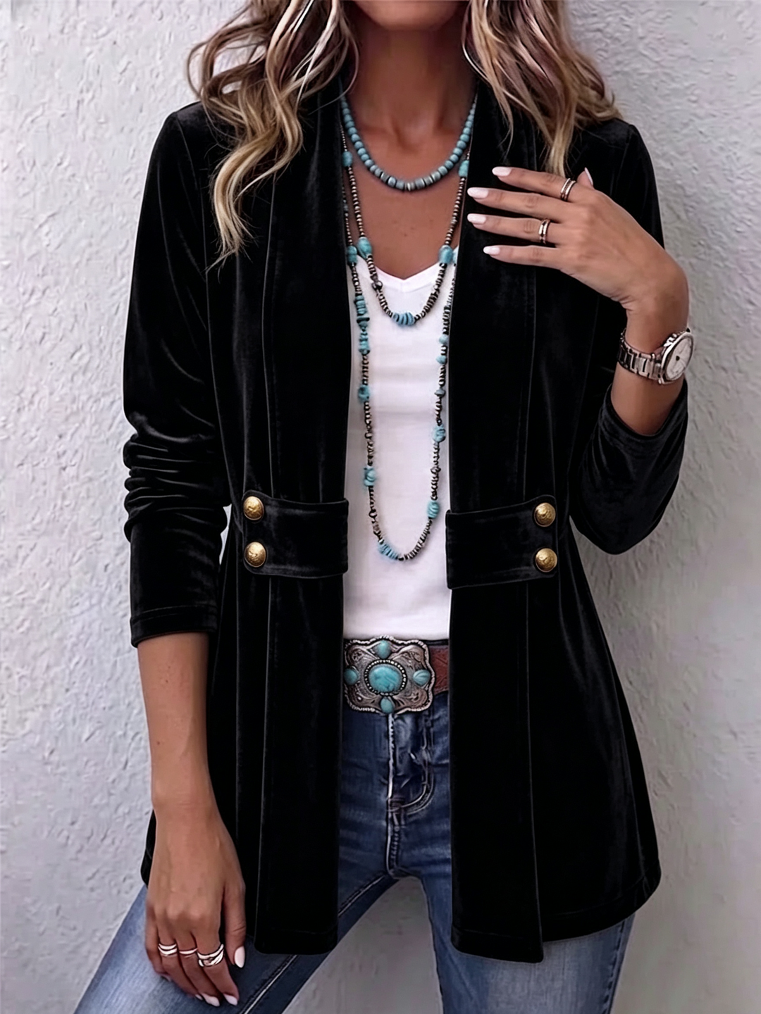 Holliwell | Women's Vintage Lapel Button-Accent Long Sleeve Open Front Jacket