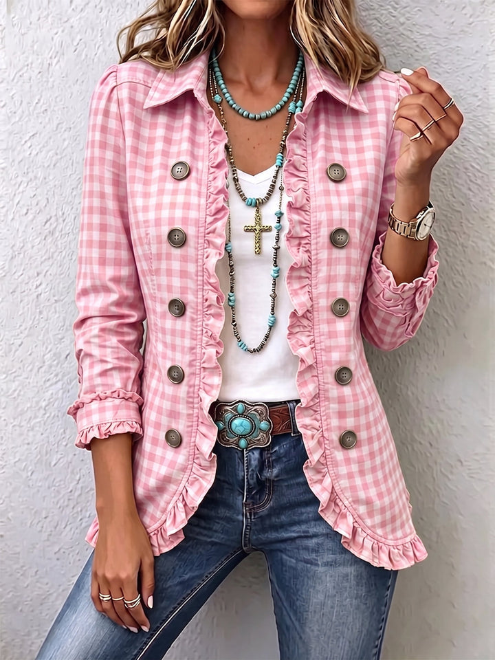 Charlene | Women's Gingham Ruffled Button-Down Jacket