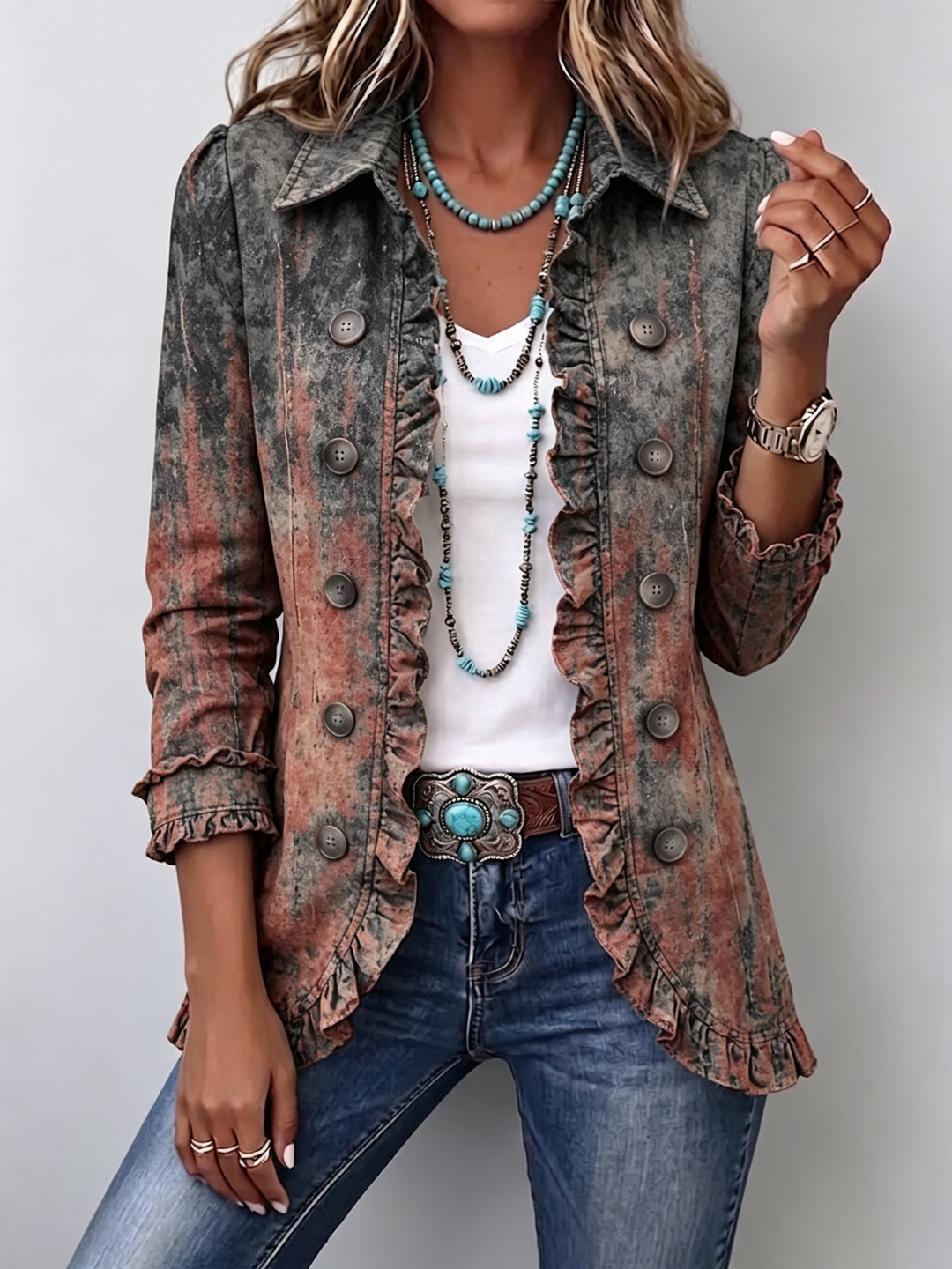 Bristow | Women's Vintage Gradient Textured Print Ruffle Jacket