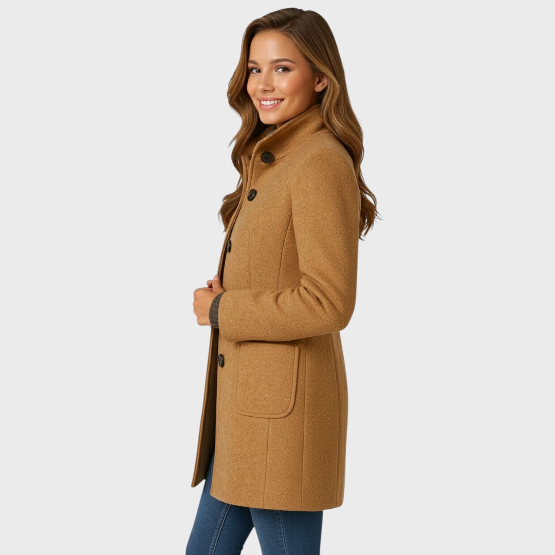 Structured Wool-Blend Stand-Collar Coat with Button Closure