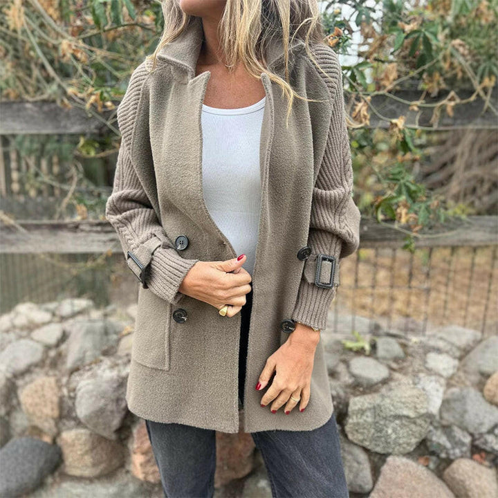 Knit-Sleeve Double-Breasted Longline Coat
