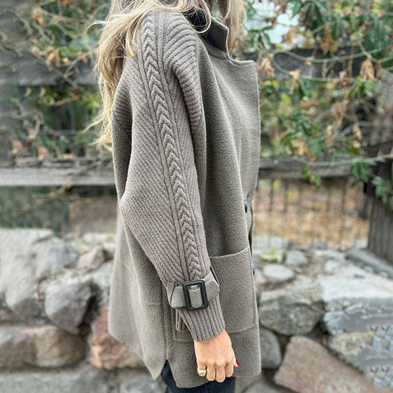 Knit-Sleeve Double-Breasted Longline Coat