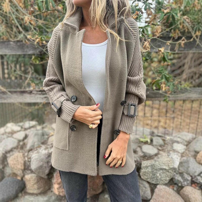 Knit-Sleeve Double-Breasted Longline Coat